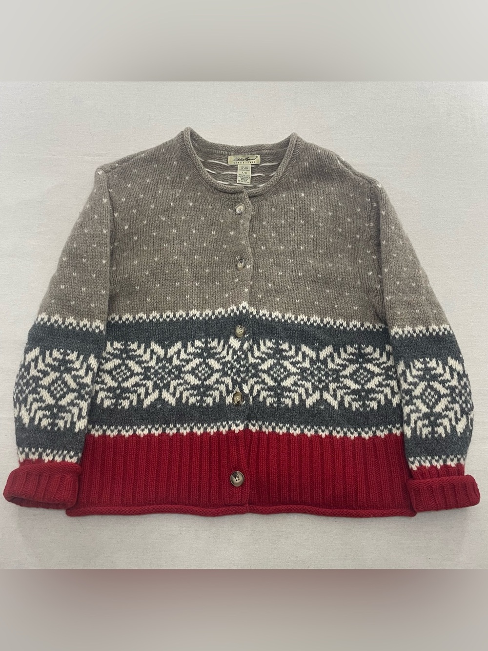 VTG Eddie Bauer Fair Isle Nordic Cardigan Women’s L Brown Red 100% Wool Sweater